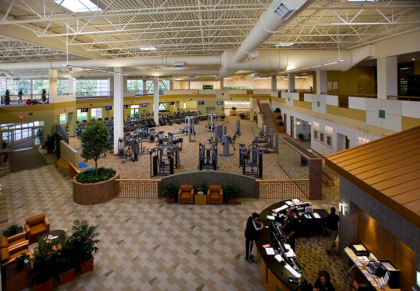 Overhead view of lobby and weight room
